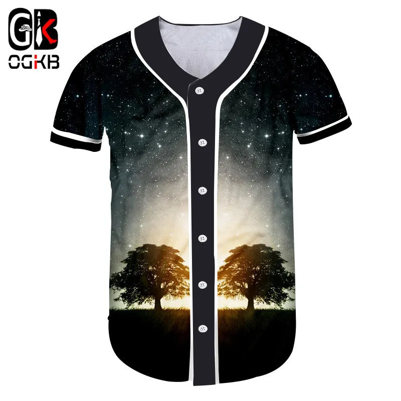 OGKB Women Hip Hop Rock Tshirt With Button Print Nightfall Tree 3d Baseball Femme O Neck Tee Shirts Unisex Tops Clothes | Женская одежда