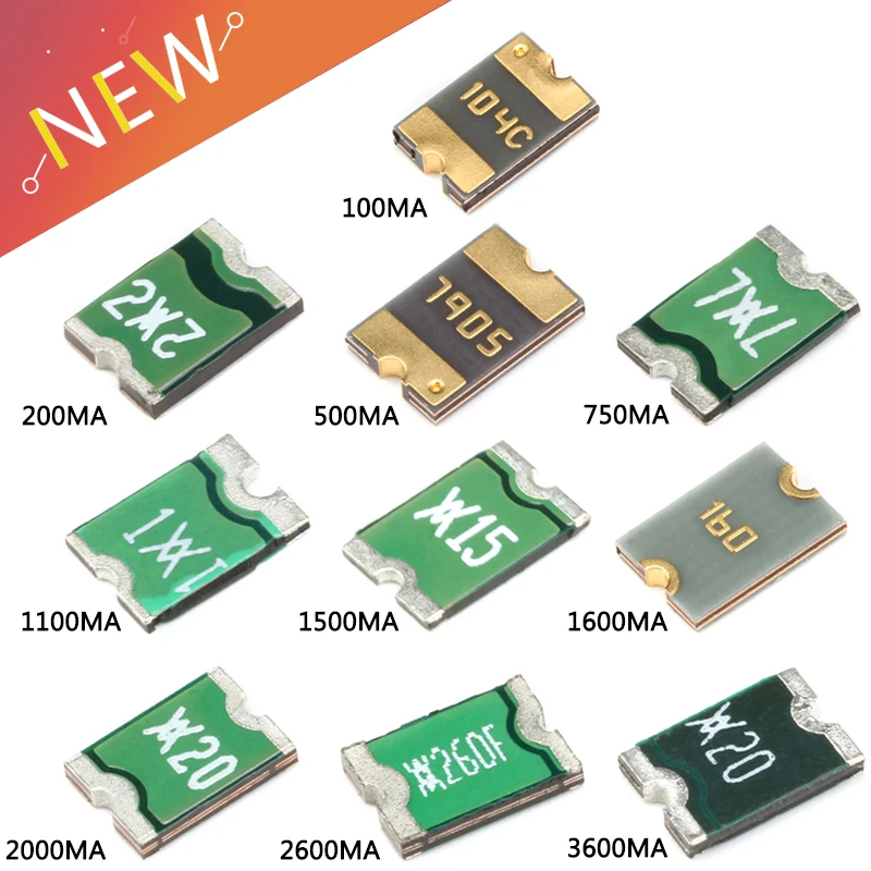 

20pcs/lot 1812 0.05A 0.1A/0.2A/0.5A/0.75A/1.1A/1.5A/1.6A/2A/2.6A/3A/3.5A SMD Resettable Fuse PPTC PolySwitch Self-Recovery Fuse