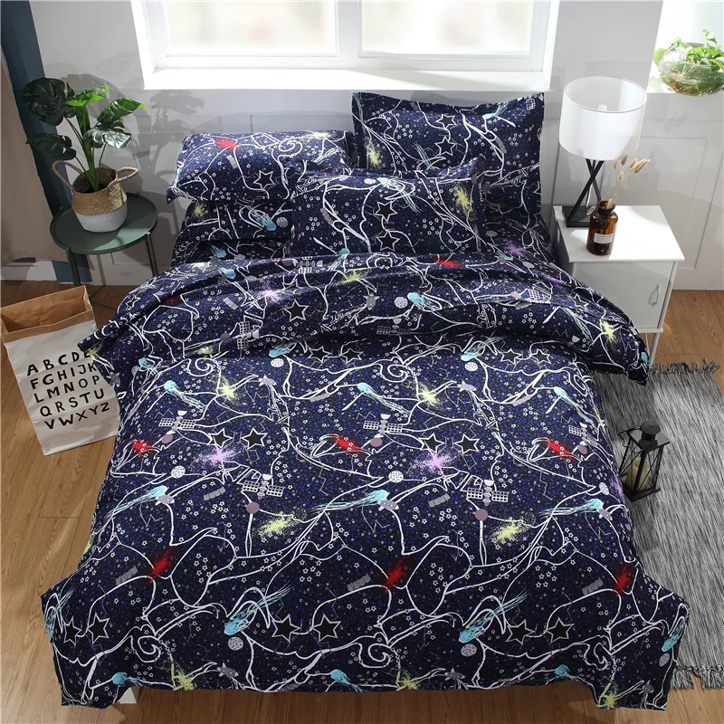 

Papa&Mima Starry sky print duvet cover sets Simple style 100% Polyester Fibre Queen King size flat sheet pillowcases