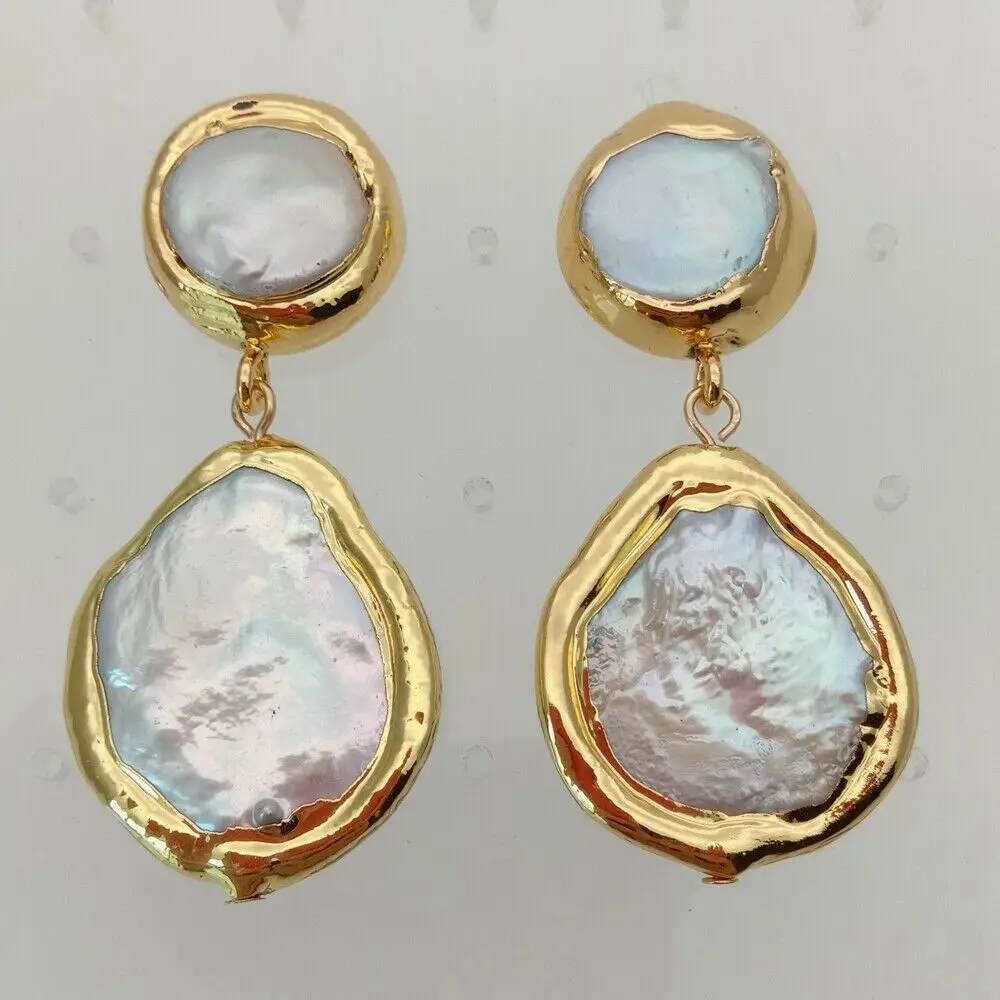 Koop Geel Gouden Vergulde natuurlijke wit coin zoetwater parels Oorbellen