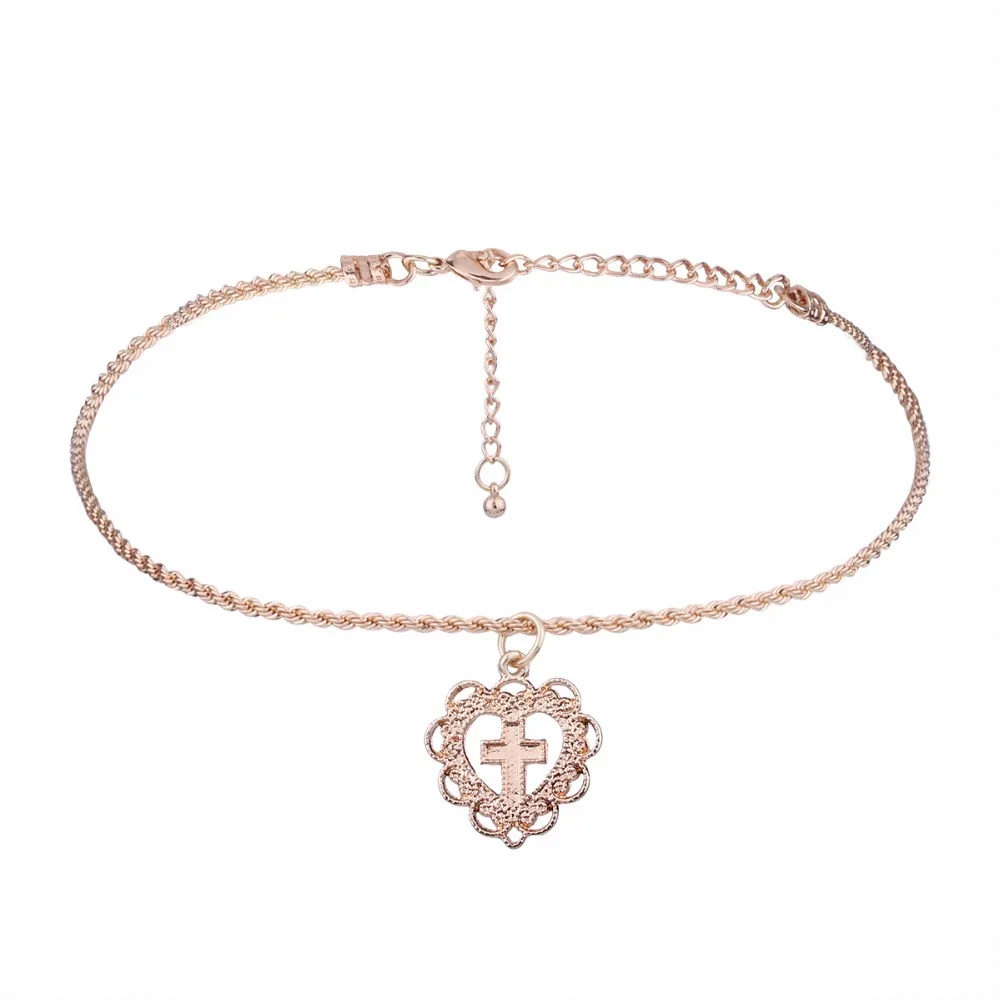 Gold Color Delicate Cross Heart Choker Necklace for Women ...