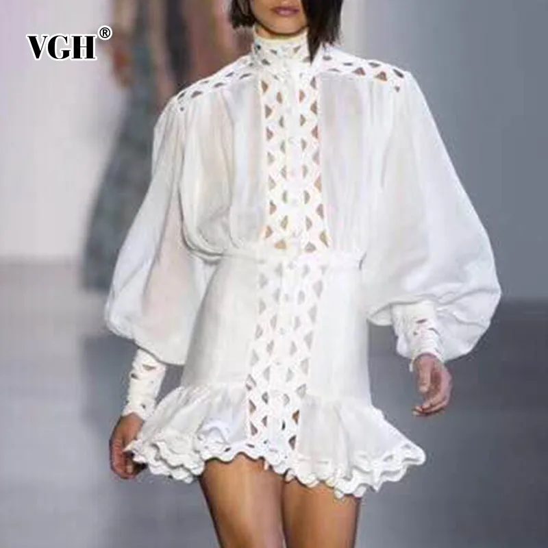 

VGH Summer Women Streetwear Hollow Out Dress Stand A Line Lantern Sleeve Perspective Slim Hem Women's Fashion Clothing 2019 New