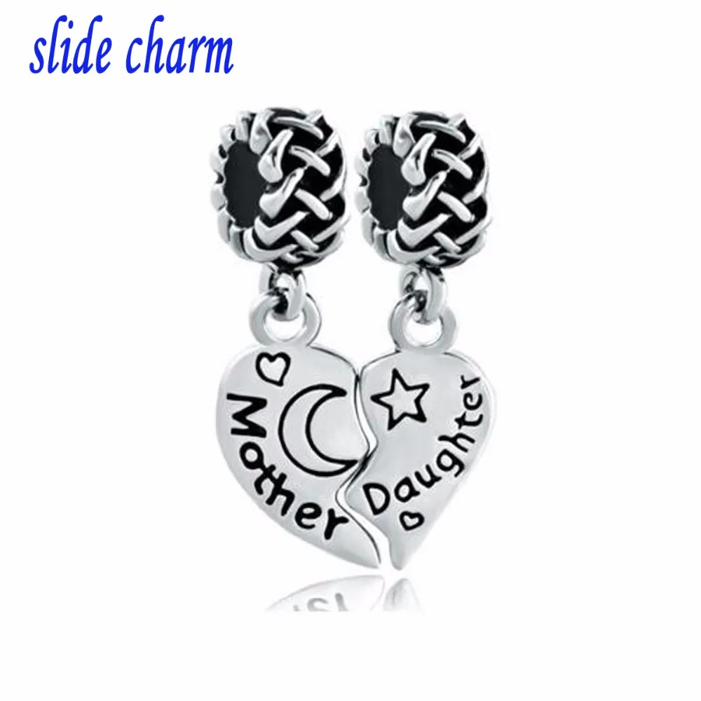 

slide charm Free Shipping I Love you both smooth and black Mother DAUGHTER charm beads fit Pandora bracelet