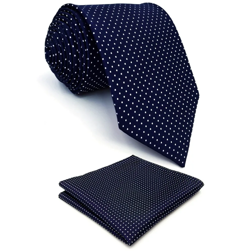 S6 горошек темно сине-белые Галстуки для Для мужчин шелковый галстук и Pocket Square Set Экстра длинный тонкий