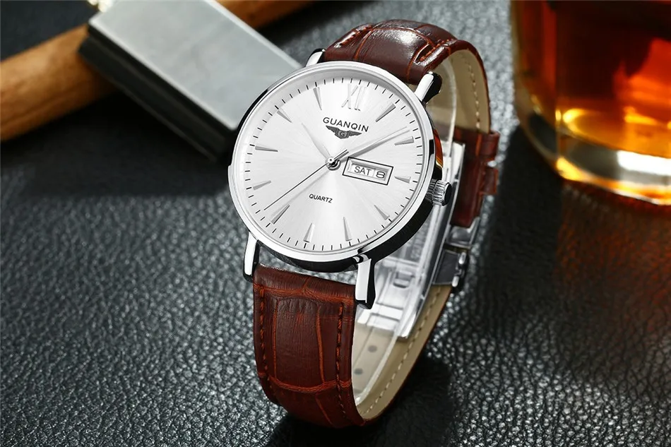 GUANQIN Брендовые мужские часы Бизнес Кварцевые 30 м водонепроницаемые часы мужские кожаный ремешок Авто Дата наручные часы Мужские часы