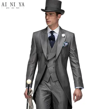 

New 2019 Design Gray Peak Lapel Groom Tuxedos Groomsmen Men's Wedding Suits Formal Best Men 3 Piece Suits (coat + pants + vest)