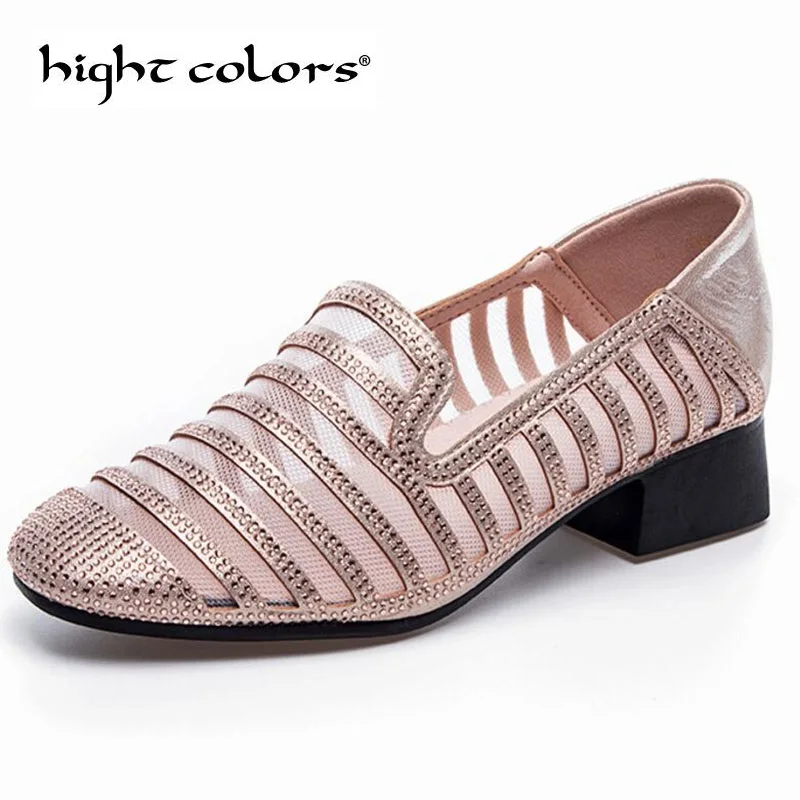 

Thick with leather sandals female summer 2019 new fairy wind mesh rhinestone single shoes with hollow women's loafers shoes