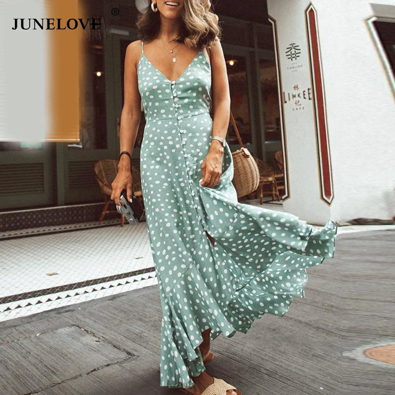 

JuneLove women elegant polka dot boho summer dress sexy v-neck strap button A-line dress Female print beach long dress vestidos