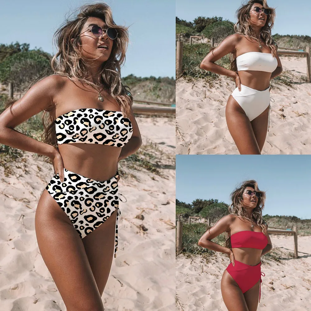 

2019 Sexy Bikini Swimwear Women Push Up Swimsuit High Waist Bathing Suit Halter Bikinis Swim Leopard Solid Brazilian