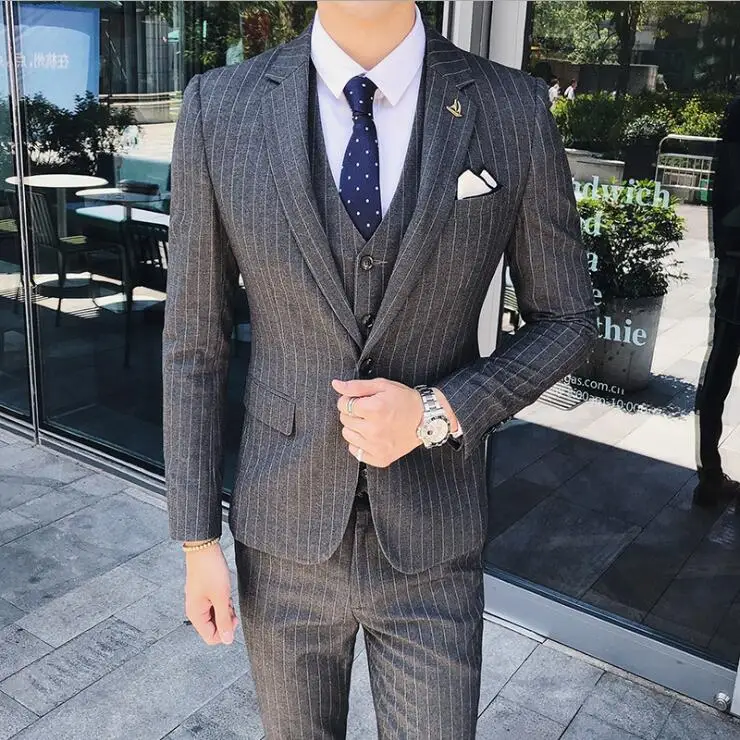 Slim Fit с вертикальными полосами костюм блейзером жилета и брюк для Tuexdos юбочные