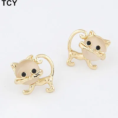 

Cute opal Kitty Cat Stud Earrings For Women Children Girls Kids Jewellery Gift brinco pequeno wholesale earrings
