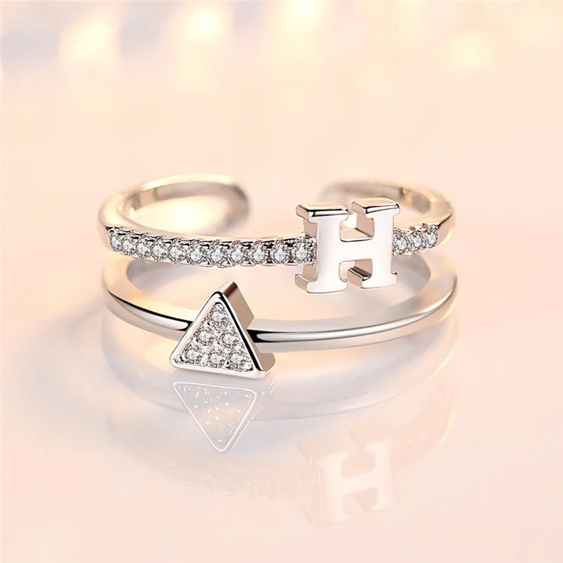 

silver Initial Letter Hollow out rings cubic Zirconia Adjustable open Finger ring for women wedding party double deck ring