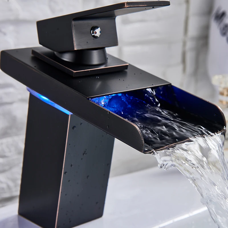 LED Light Waterfall Spout With A Single Handle Basin Faucet Mixer Tap