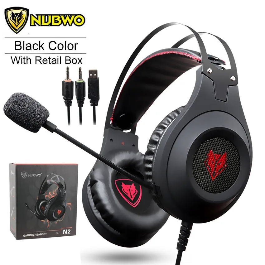 NUBWO N2 PS4 игровая гарнитура casque лучшие ПК стерео наушники с микрофоном светодиодные фонари для компьютера геймера USB+ разъем 3,5 мм - Цвет: Black with RetailBox