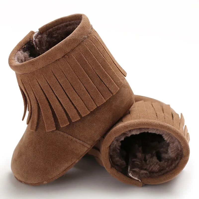 Теплая обувь для младенцев Нескользящие ботинки для малышей из искусственной кожи с бахромой и бархатом г. Новая зимняя обувь для малышей Зимние ботиночки для новорожденных 0-18 месяцев