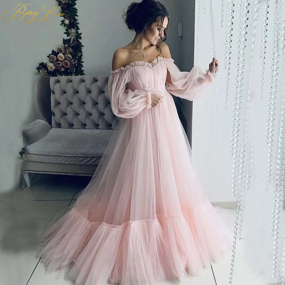Pink BeryLove нежно-розовый тюль вечернее платье ТРАПЕЦИЕВИДНОЕ с длинными рукавами с вырезом-сердечком длинное вечернее платье для беременных женщин - Цвет: Pink