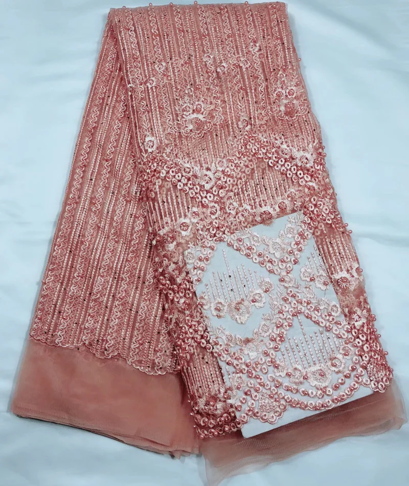 

Free shipping (5yards/pc) high quality African French net lace fabric with embroidery and lots of beads for party dress FL3957