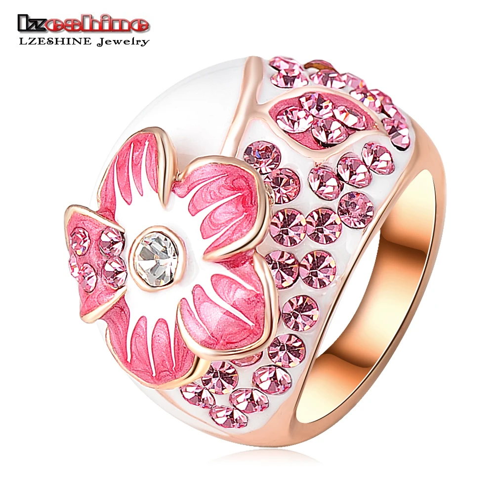 LZESHINE Pink Enamel Flower Rings Fashion Rose Gold Color Ring Micro