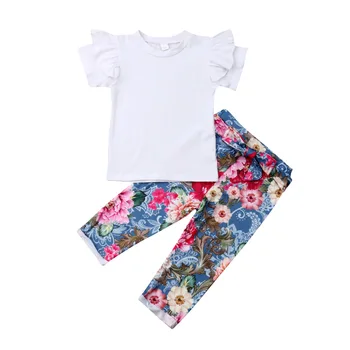 

Pudcoco 1-6y Toddler Kids Baby Girl Ruffle Cotton Tops T-shirt Flower Print Long Pants Outfit Sunsuit Summer