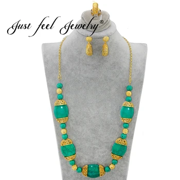 

JUST FEEL Gold Color India Style Jewelry Set Round Big Faux Marble Stone Long Necklace Vintage Jewelry(Necklace, Earring,Ring)