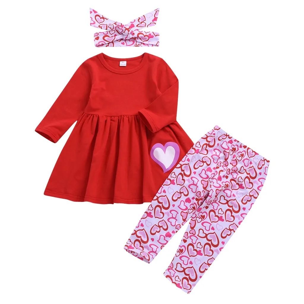 

Baby Girls Clothing Set Children's Long Sleeve Valentine's Love Print Top + Print Long Pants + Hair Strap Three Piece Set