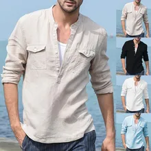 Рубашка мужская мешковатая хлопковая льняная Однотонная рубашка с карманом и длинными рукавами в стиле ретро рубашки рубашка Camisa Hombre Мужская рубашка Modis# CE2