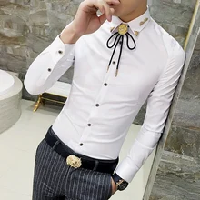 Однотонная мужская рубашка, подарок, аксессуары, Роскошный Золотой металлический воротник, длинный рукав, мужские рубашки, новинка, облегающие, вечерние, свадебные мужские рубашки