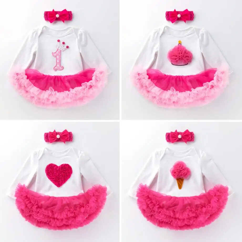 

2PCs per Set Pink Baby Girls 1st 2nd Birthday Tutu Dress Infant Girl Smash Cake Ice Cream Cartoon Princess Outfit Bow Headband