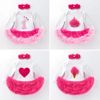 

2PCs per Set Pink Baby Girls 1st 2nd Birthday Tutu Dress Infant Girl Smash Cake Ice Cream Cartoon Princess Outfit Bow Headband