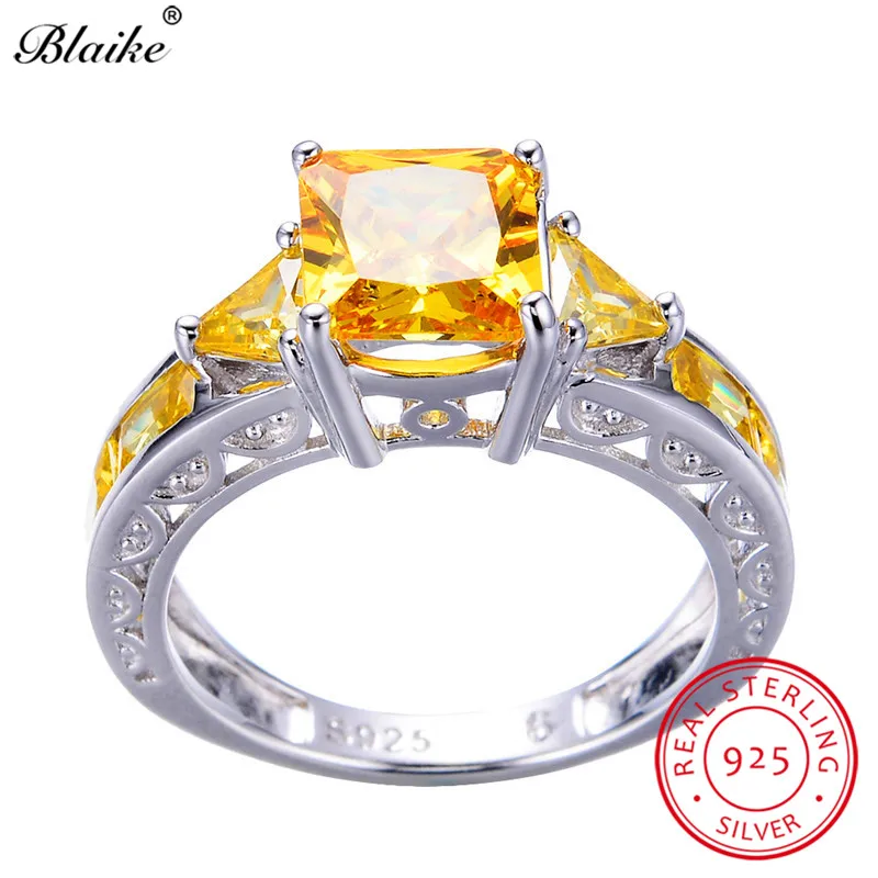 Blaike подлинный 925 пробы серебряный желтый топаз кольца для мужчин и женщин очаровательные ювелирные изделия с цитрином квадратный циркон камень кольцо подарки