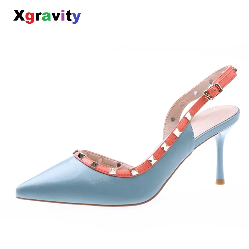 

Xgravity European Magazine Designer Women's Sexy High Heel Pumps New 2019 Point Toe Dress Sandals Rivets Women Shoes Ladies B033