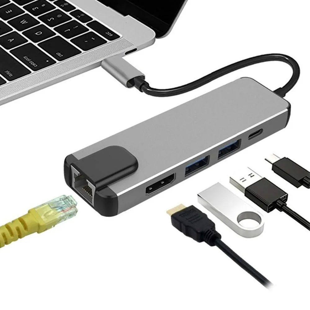 5 in 1 USB Type C Hub Hdmi USB C Hub to Gigabit Rj45 Lan