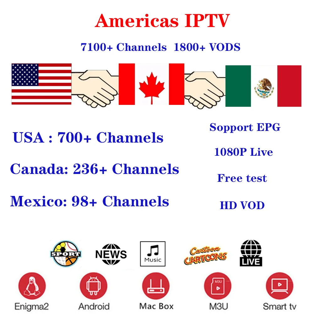 IP tv M3U subcription 7100 каналов 1800 VOD США латинская Бразилия Канада Мексика Аргентина Поддержка Android iptv-приставка коробка Enigma2 VLC