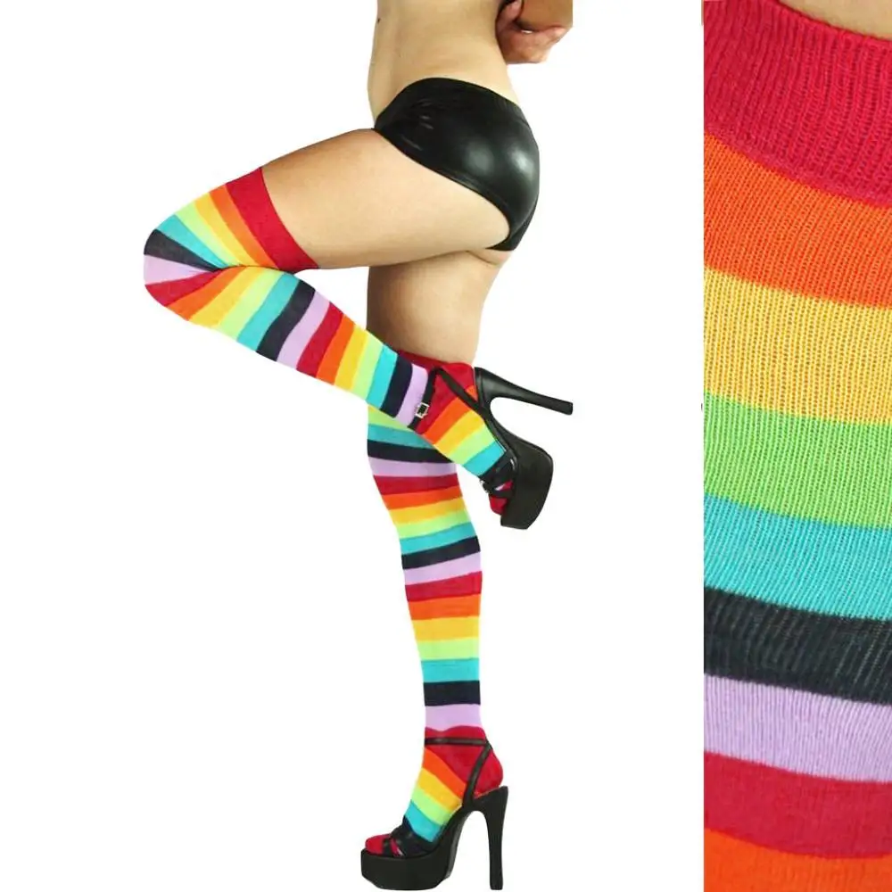 Новые Модные Разноцветные полосатые чулки для женщин и девочек, чулки до бедра, нейлоновые длинные чулки выше колена, колготки