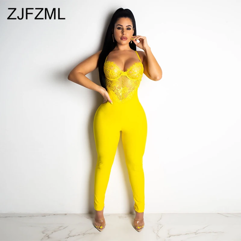 

Lace Patchwork Sexy Bandage Jumpsuits Women Spaghetti Strap Sleeveless Party Bodysuit Summer Deep V Backless See Through Romper