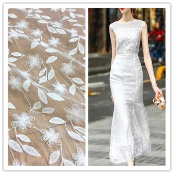 

10yards Mesh embroidery fabric glass yarn milk silk embroidered fabrics lace white for wedding dress