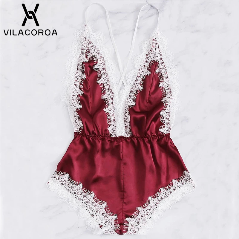 

Summer Sexy Silk Women Onesie Burgundy Green Lace Camis Sleeveless Open Back Mini Pizama Damska Sleepwear onesies For Women