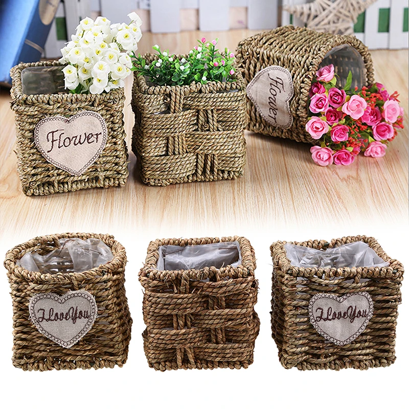 WHISM اليدوية سلة تخزين خشبية الروطان منظم أدوات التجميل سطح المكتب أشتات حامل سلة للزهور مع بطانة المنزل تخزين