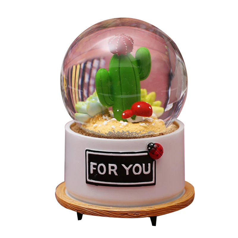 

Creative Student Gift with Light Snowflake Crystal Ball Music Box Crafts Green Succulent Rotating Water Ball Music Box Ornaments