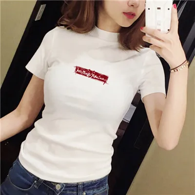 GCAROL, весенне-Летняя короткая футболка со стоячим воротником, облегающая эластичная черно-белая Базовая Идеальная футболка, верхняя одежда без подкладки - Цвет: White Letter Printed