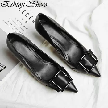 

EshtonShero Spring Women's Pumps Shoes Woman Buckle Platform Leather+PU High Heels Sexy Black Ladies Wedding Shoes Size 3-8