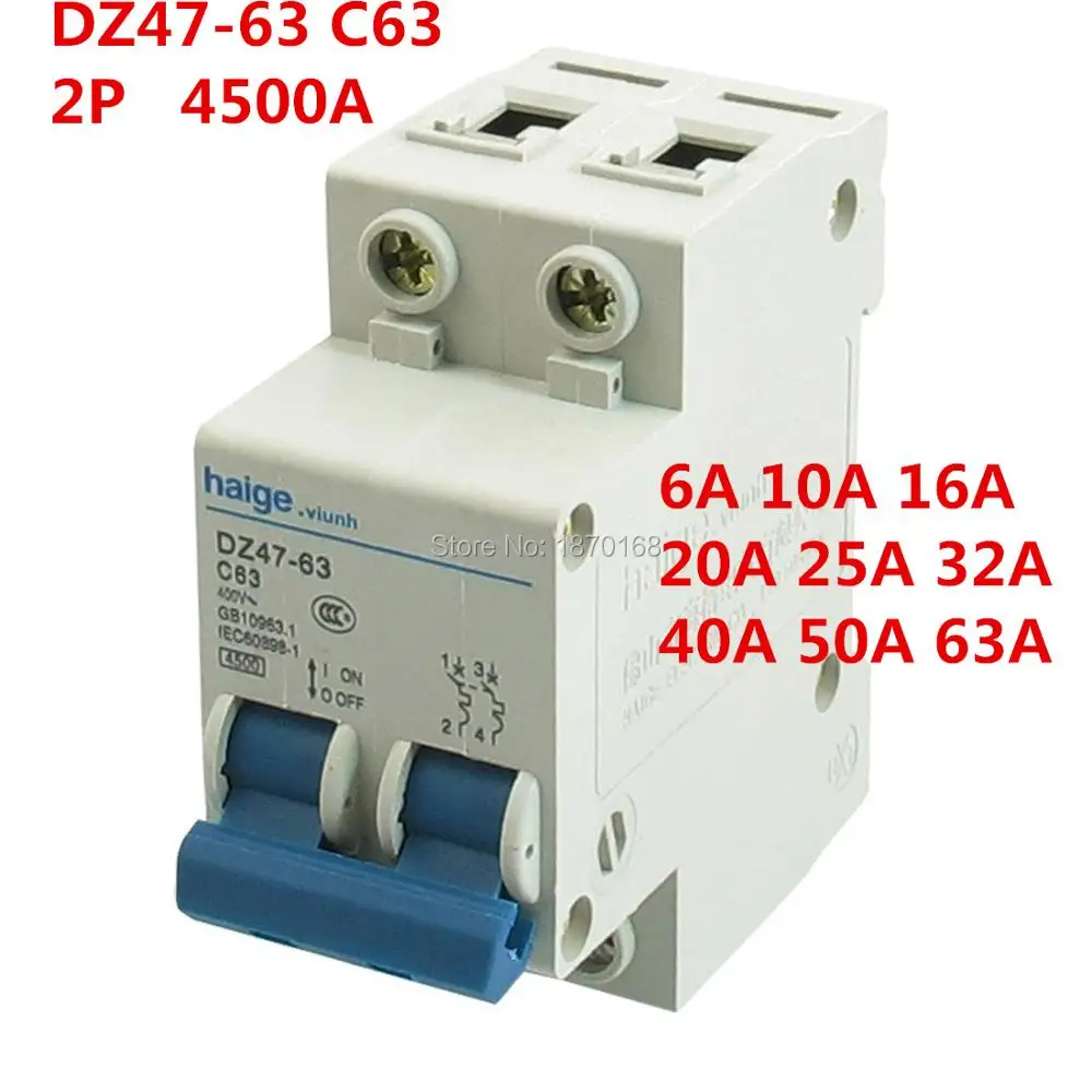 

DZ47-63 C63 2 Pole AC 230/400V 3A 6A 10A 16A 20A 25A 32A 40A 50A 63A Overload Protection Circuit Breaker