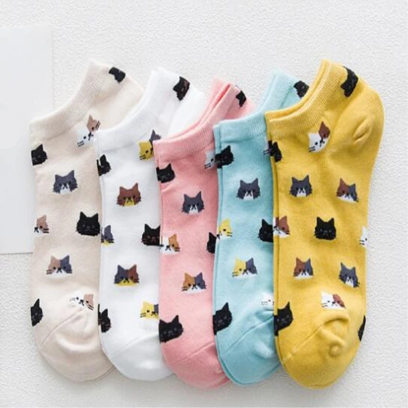 Шаблон прекрасный котенок полный хлопок мадам лодка носки из чистого хлопка пот вентиляции низкая помощь короткие носки 2 пары