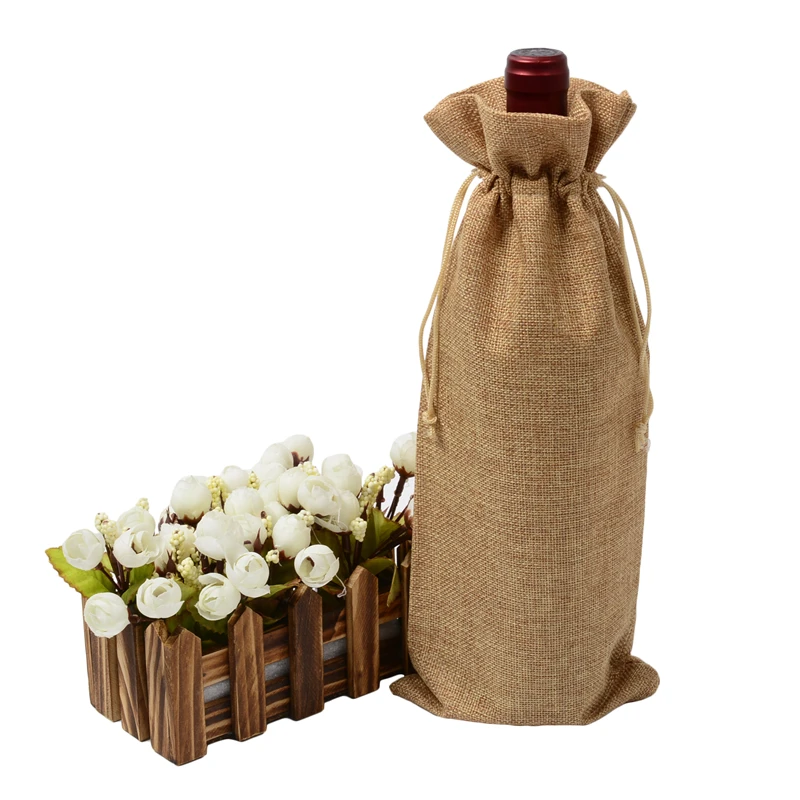 

100pcs Customized Natural Jute Wine Bottle Covers 5.11"x12.99" Burlap Drawstring Linen Pouch Dropshipping Christmas Gift Bags
