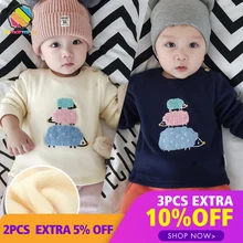 Lemonmiyu/Детские Зимние толстовки с героями мультфильмов; бархатные хлопковые толстовки с овцами для младенцев; Модные топы для новорожденных с круглым вырезом и обычными пуговицами