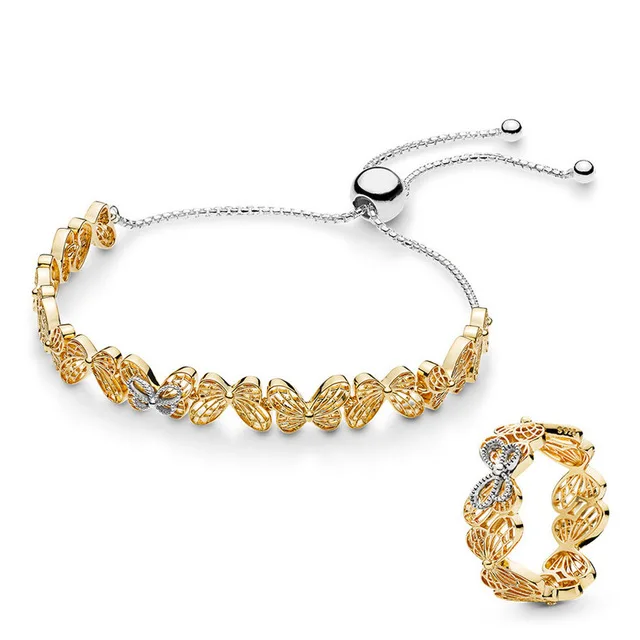 

Kristie 100%925 Sterling Silver New Hollow Butterfly Ring Sliding Bracelet Set Adjustable Size 567957 167947 Free Shipping