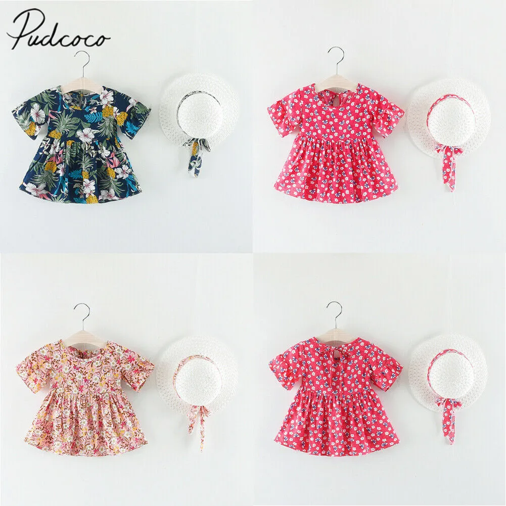 

2019 Baby Summer Clothing 0-3Y Infant Kids Baby Girls Holiday T-Shirts Tops+Sun Hats Ruffles Short Sleeve Flowers Print Tops