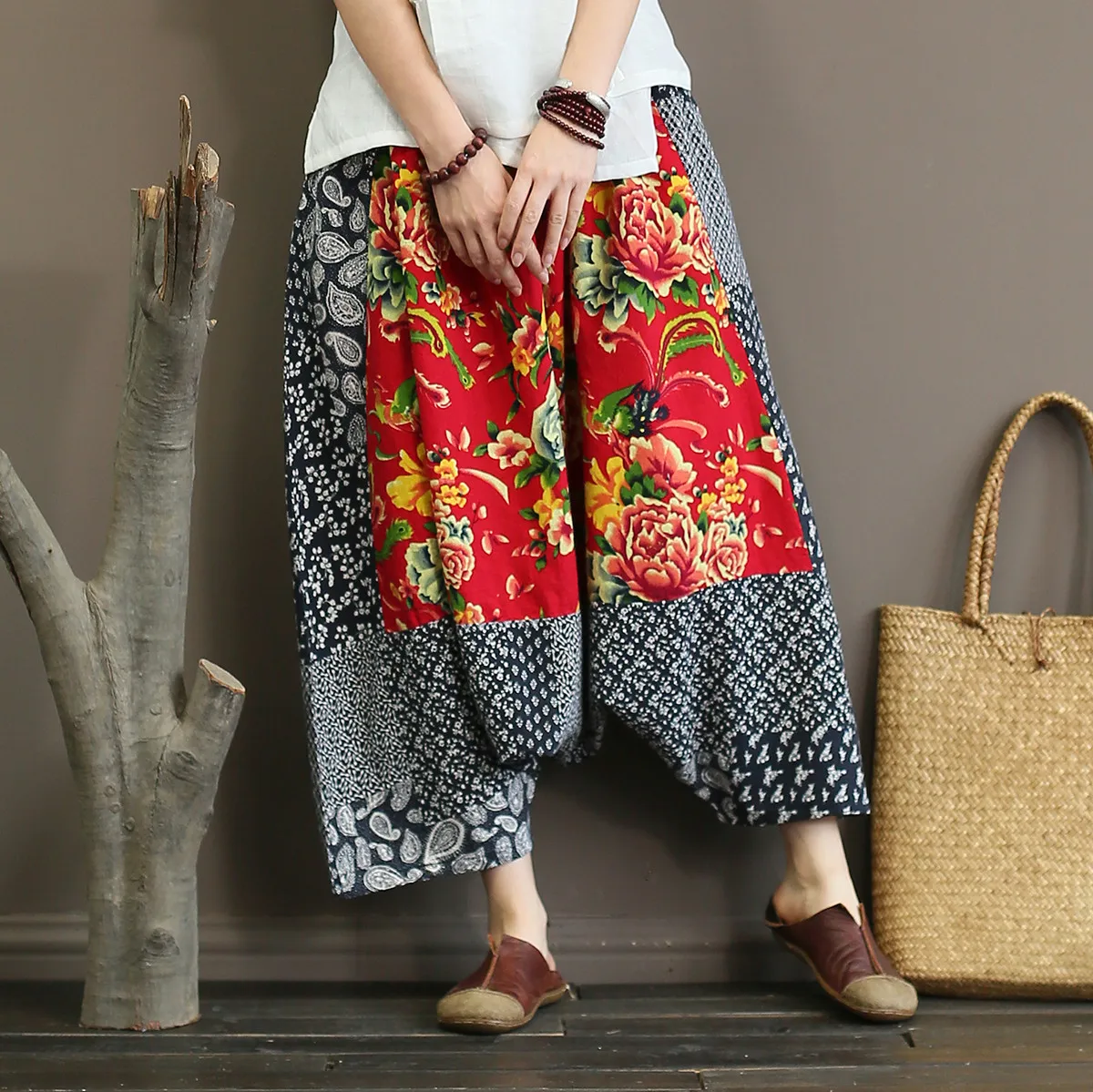 

Appliques Harem Pants Women Autumn Trouser New Elastic Waist Vintage Cotton Linen Patchwork Loose Women Pants