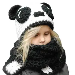2019 прекрасные панда вязаная шапка шарф комплект для мальчиков и девочек милые шарфы черный, белый цвет ручной работы крючком вязаная