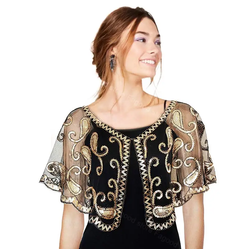 

Women 1920s Shawl Sequin Beaded Evening Cape Bridal Wraps Bolero Vintage Flapper Cover Up